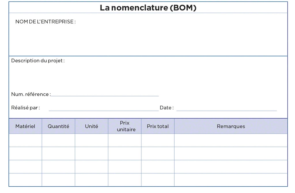 Ce document est un exemple illustrant certains des éléments contenus dans une nomenclature (BOM)